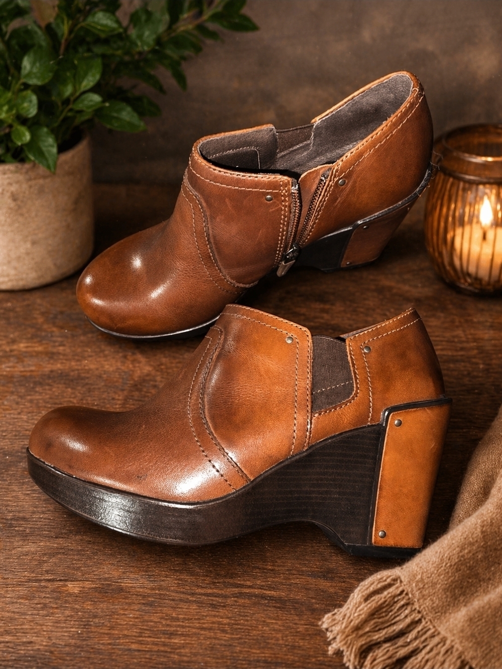 Dansko Cognac Leather Heeled Booties